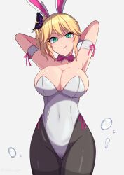 Rule 34 | 1girl, absurdres, animal ears, arm strap, arms behind head, arms up, bare shoulders, black pantyhose, blonde hair, bow, bowtie, breasts, butterfly hair ornament, cleavage, closed mouth, collarbone, commentary, covered navel, cowboy shot, detached collar, dolphin wave, fake animal ears, gotokawa meguro, green eyes, grey background, groin, hair ornament, hairband, high ponytail, highleg, highleg leotard, highres, izumi kiri, large breasts, leotard, looking at viewer, pantyhose, pink bow, pink bowtie, pink ribbon, playboy bunny, rabbit ears, ribbon, short hair, side-tie leotard, side ponytail, simple background, smile, solo, standing, strapless, strapless leotard, thigh gap, thighband pantyhose, water drop, white hairband, white leotard