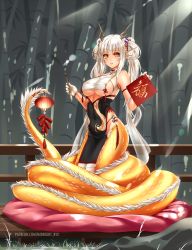 Rule 34 | 1girl, bare shoulders, blunt bangs, blush, breasts, calligraphy brush, china dress, chinese clothes, cleavage cutout, clothing cutout, covered navel, dragon, dragon girl, dragon horns, dress, eastern dragon, fins, head fins, highres, horns, large breasts, long hair, looking at viewer, magatama, midnight (banyex), monster girl, monster girl encyclopedia, open mouth, paintbrush, patreon username, ryuu (monster girl encyclopedia), scales, see-through, sideboob, sleeveless, slit pupils, solo, underboob, underboob cutout, watermark, web address, white hair, yellow eyes