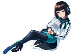 Rule 34 | 1girl, black hair, blue eyes, blue hair, blue skirt, blunt bangs, boots, bow, eyelashes, high heels, izu (kamen rider 01), jacket, kamen rider, kamen rider 01 (series), lips, long sleeves, multicolored hair, niku (o291o31), own hands together, robot ears, short hair, simple background, sitting, skirt, solo, thigh boots, thighhighs, twitter username, two-tone hair, white background
