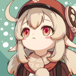 Rule 34 | 1girl, :&lt;, ahoge, backpack, bag, blonde hair, blush stickers, brown scarf, cabbie hat, clover print, coat, commentary request, genshin impact, green background, hair between eyes, hat, hat feather, hat ornament, klee (genshin impact), long hair, long sleeves, looking up, low twintails, muka (ghost like), pointy ears, red coat, red eyes, red hat, scarf, sidelocks, simple background, solo, twintails