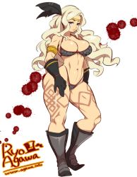Rule 34 | 1girl, agawa ryou, amazon (dragon&#039;s crown), artist name, bad id, bad tumblr id, bare shoulders, black eyes, blonde hair, blood, blood splatter, breasts, curly hair, curvy, dragon&#039;s crown, feather hair ornament, feathers, gloves, hair ornament, highleg, huge breasts, long hair, muscular, muscular female, navel, simple background, solo, tattoo, thick thighs, thighs, toned, watermark, web address, white background