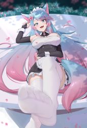 Rule 34 | 1girl, animal ear fluff, animal ears, apron, black sleeves, blue eyes, blue hair, blue nails, breasts, commentary, detached sleeves, english commentary, fangs, feet, flower, hair flower, hair ornament, highres, large breasts, lisa narukaze, long hair, looking at viewer, lying, maid, maid apron, maid headdress, multicolored hair, multicolored tail, nail polish, on back, open mouth, pink hair, pink tail, second-party source, silvervale, smile, streaked hair, swept bangs, tail, thighhighs, virtual youtuber, vshojo, white thighhighs, wolf ears, wolf girl, wolf tail, wrist cuffs