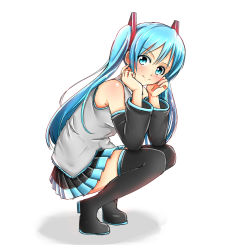 Rule 34 | 1girl, baretto (karasi07), black skirt, black thighhighs, blue eyes, blue hair, detached sleeves, hair ornament, hatsune miku, long hair, looking at viewer, matching hair/eyes, pleated skirt, skirt, smile, solo, thighhighs, twintails, vocaloid