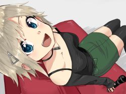 Rule 34 | 1girl, black shirt, black thighhighs, blonde hair, blouse, blue eyes, earrings, female focus, from above, grey background, jewelry, open mouth, original, pencil skirt, roku kyuu, shirt, short hair, simple background, sitting, skirt, solo, thighhighs