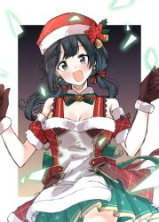 Rule 34 | 1girl, absurdres, bell, black hair, blush, breasts, brown gloves, christmas, cleavage, commentary, dress, earrings, gloves, grey eyes, hat, highres, jewelry, jingle bell, large breasts, long hair, looking at viewer, love live!, love live! nijigasaki high school idol club, low twintails, santa dress, santa hat, scanning, sidelocks, smile, solo, twintails, yuki setsuna (love live!)