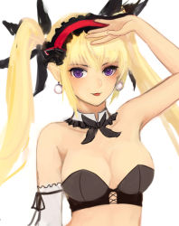 Rule 34 | 10s, 1girl, :p, armpits, bandeau, blonde hair, blush, breasts, bustier, cleavage, detached collar, earrings, elbow gloves, gloves, hair ribbon, headdress, jewelry, large breasts, long hair, looking at viewer, mistral nereis, moekyon, pointy ears, purple eyes, ribbon, shining (series), shining hearts, single glove, smile, solo, tongue, tongue out, twintails