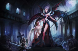 Rule 34 | 2boys, 2girls, angel wings, armlet, black nails, blonde hair, chain, cross, cuffs, fallen angel, fantasy, feathers, hand over face, helmet, image sample, indoors, midriff, multiple boys, multiple girls, nail polish, navel, open mouth, planted sword, planted, pointy ears, polearm, red eyes, shackles, signature, spear, sword, weapon, wenfei ye, white feathers, white hair, wings