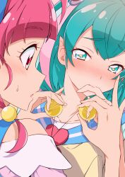 Rule 34 | 2girls, blue eyes, blue hair, blush, collarbone, commentary request, ear blush, hagoromo lala, heart, highres, hoshina hikaru, looking at another, multiple girls, nose blush, pink hair, pointy ears, precure, red eyes, short hair, star-shaped pupils, star (symbol), star twinkle precure, symbol-shaped pupils, tears, uncommon stimulation, yuri, yuto (dialique)
