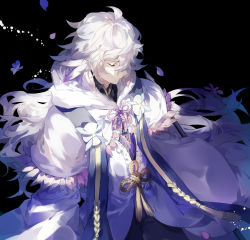 Rule 34 | 1boy, bishounen, black background, eashar lowell, closed eyes, fate/grand order, fate (series), from above, highres, long hair, long sleeves, male focus, merlin (fate), messy hair, petals, solo, white hair