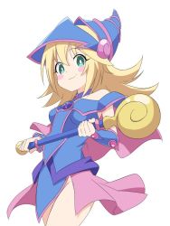 Rule 34 | 1girl, bad id, bad twitter id, blonde hair, blue hat, blush stickers, bracer, bright pupils, closed mouth, clothing cutout, commentary, cowboy shot, dark magician girl, dress, duel monster, green eyes, hat, holding, holding staff, ilyfon133, jewelry, long hair, looking at viewer, pendant, short dress, shoulder cutout, simple background, smile, solo, staff, standing, star (symbol), white background, white pupils, wizard hat, yu-gi-oh!, yu-gi-oh! duel monsters