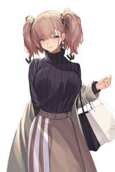 Rule 34 | 1girl, absurdres, atlanta (kancolle), bag, black sweater, blush, breasts, brown hair, brown skirt, earrings, grey eyes, highres, jewelry, kantai collection, large breasts, long sleeves, mitsukoshi (department store), oweee, ribbed sweater, shopping bag, short hair, simple background, single earring, skirt, smile, solo, star (symbol), star earrings, sweater, turtleneck, turtleneck sweater, two side up, upper body, white background