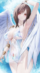 Rule 34 | 1girl, angel wings, arm up, armpits, blush, bracer, breasts, brown hair, cameltoe, chain, cleft of venus, clothing cutout, commission, cowboy shot, eyes visible through hair, feathered wings, gold chain, hair over one eye, hair ribbon, heterochromia, highres, large breasts, lichiko, looking at viewer, navel, one-piece swimsuit, orange eyes, original, parted lips, red eyes, ribbon, see-through, solo, stomach cutout, stomach tattoo, swimsuit, tattoo, thighs, white ribbon, white wings, wings