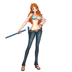 Rule 34 | 1girl, 3d, absurdres, belt, bikini, bikini top only, breasts, cleavage, denim, female focus, full body, hand on own hip, highres, holster, jeans, long hair, nami (one piece), official art, one piece, one piece: pirate warriors, orange hair, pants, sandals, simple background, solo, standing, swimsuit, toes, weapon
