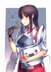 Rule 34 | 10s, 1girl, akagi (kancolle), breasts, brown eyes, brown hair, eating, food, food on face, japanese clothes, kantai collection, long hair, muneate, personification, rice, rice cooker, rice on face, shamoji, single glove, siqi (miharuu), smile, solo
