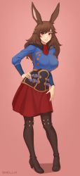 Rule 34 | 1girl, animal ears, ascot, warrior of light (ff14), blue shirt, boots, breasts, brown footwear, brown hair, commentary, commission, contrapposto, english commentary, final fantasy, final fantasy xiv, full body, hand on own hip, high heel boots, high heels, highres, large breasts, long hair, looking at viewer, pantyhose, pink background, rabbit ears, rabbit girl, red ascot, red eyes, red skirt, shellvi, shirt, signature, simple background, skirt, smile, solo, thigh boots, thighhighs, underbust, viera