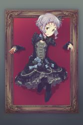 Rule 34 | 1girl, black dress, black pantyhose, bow, breasts, commentary request, dress, framed, frills, gothic lolita, guriko (mossari), hair ornament, highres, idolmaster, idolmaster million live!, lolita fashion, long sleeves, looking at viewer, makabe mizuki, pantyhose, picture frame, purple hair, restrained, short hair, simple background, small breasts, solo, stuck, through wall, yellow eyes