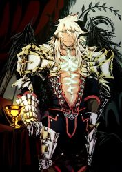 Rule 34 | 1boy, abs, armor, blue eyes, cup, dark skin, dark-skinned male, dragon boy, dragon horns, dragon wings, fate/apocrypha, fate/grand order, fate (series), gauntlets, horns, long hair, looking at viewer, male focus, mine (odasol), siegfried (fate), simple background, solo, tail, white hair, wings