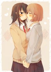 Rule 34 | 2girls, black eyes, black skirt, blush, brown hair, cardigan, closed eyes, collared shirt, commentary request, fingernails, foomi, grey cardigan, hair between eyes, holding hands, imminent kiss, interlocked fingers, light brown hair, long hair, long sleeves, looking at another, multiple girls, necktie, original, parted lips, pleated skirt, red neckwear, shirt, skirt, sweat, sweater, white shirt, yuri