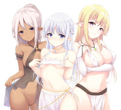 Rule 34 | 3girls, :3, arm garter, babydoll, bandeau, bangle, bare arms, bare shoulders, bikini, bikini top only, blonde hair, blue eyes, blush, bottomless, bracelet, breast hold, breasts, bridal gauntlets, cleavage, cleft of venus, closed eyes, closed mouth, collarbone, covered erect nipples, cowboy shot, dark-skinned female, dark skin, earrings, elf, gem, glint, groin, hand on own chest, hand up, hands on own chest, head tilt, hicha nomu, highres, jewelry, large breasts, loincloth, long hair, looking at viewer, mole, mole on breast, multiple girls, navel, neck ring, necklace, o-ring, original, pelvic curtain, pendant, pink hair, pointy ears, purple eyes, pussy, seductive smile, see-through, sidelocks, silver hair, simple background, single earring, skirt, small breasts, smile, standing, stomach, straight hair, strapless, swimsuit, tareme, uncensored, underboob, underwear, underwear only, very long hair, white background, white bikini, white skirt