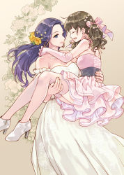 Rule 34 | 2girls, :d, ^ ^, bare shoulders, blue eyes, blush, bow, breasts, brown hair, carrying, cleavage, closed eyes, closed mouth, collarbone, dress, earrings, elbow gloves, closed eyes, eyeshadow, floral background, flower, full body, fuuka (fukasheu), gloves, grey background, hair bow, hair flower, hair ornament, high heels, highres, hug, jewelry, layered dress, long hair, makeup, medium breasts, multiple girls, open mouth, original, pink bow, pink dress, pink legwear, princess carry, red eyes, rose, sash, sideways mouth, silver footwear, smile, strapless, strapless dress, thighhighs, twintails, white dress, white gloves, yellow flower, yellow rose, yuri