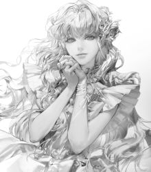 Rule 34 | 1girl, bloom, dress, eyebrows hidden by hair, flower, gloves, greyscale, hair ornament, hands up, highres, light smile, long hair, looking at viewer, monochrome, original, own hands clasped, own hands together, sidelighting, signature, simple background, solo, traditional media, vlfdus 0, white background