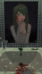 Rule 34 | 1girl, black hair, blood, blood on clothes, blood on face, blood on hands, blue eyes, cup, hair between eyes, hand on own face, highres, long hair, looking at mirror, looking at viewer, migato, mirror, off shoulder, original, signature, sink, solo, tank top, tile wall, tiles, toothbrush