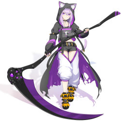 Rule 34 | 1girl, absurdres, adapted costume, animal ears, belt, black footwear, black gloves, black hoodie, black shorts, boots, breasts, cat ears, cat tail, choker, clothing cutout, collarbone, cropped jacket, eyes visible through hair, full body, gloves, hair between eyes, highres, hololive, hood, hoodie, looking at viewer, medium hair, midriff, nail polish, nekomata okayu, nekomata okayu (1st costume), oshiruko (oshiruco 212048), oversized object, pants, pink hair, pink nails, purple eyes, scythe, shadow, short shorts, shorts, simple background, small breasts, solo, sweatpants, tail, thigh cutout, thighs, torn clothes, virtual youtuber, waist cape, white background, white pants, yellow footwear