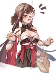 1girl ^^^ animal animal_on_head bag bare_shoulders black_dress breasts brown_hair chinese_clothes cleavage cropped_torso dress falling hair_between_eyes highres honkai_(series) honkai_impact_3rd large_breasts li_sushang li_sushang_(auspicious_dazzle) long_hair on_head open_mouth rabbit rabbit_on_head strapless strapless_dress white_background white_rabbit_(animal) yelan_xing_xuan