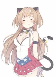 Rule 34 | 1girl, 3.14, ^ ^, american flag dress, animal ears, bell, blush, breasts, cat ears, cat tail, cleavage, closed eyes, closed mouth, collar, cowboy shot, earrings, girls&#039; frontline, heart, heart earrings, heart print, jewelry, jingle bell, long hair, medium breasts, mk23 (girls&#039; frontline), multicolored hair, neck bell, pink hair, pleated skirt, purple skirt, simple background, skirt, smile, solo, streaked hair, tail, tail bell, tail ornament, two side up, white background