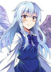 Rule 34 | 1girl, angel, blue bow, blue bowtie, blue dress, blue eyes, blue hair, blue wings, blush, bow, bowtie, closed mouth, collared shirt, commentary request, dress, e.o., feathered wings, happy, highres, light blue hair, long hair, long sleeves, looking at viewer, multiple wings, pinafore dress, sariel (touhou), seraph, shirt, sidelocks, simple background, sleeveless dress, smile, touhou, touhou (pc-98), upper body, very long hair, white background, wings