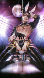 Rule 34 | 1boy, abs, adapted costume, alternate costume, animal ears, backless pants, black gloves, black hair, brown eyes, disco ball, facial hair, fake animal ears, gloves, high heels, highres, jiao mao, kneeling, majima goro, male focus, manly, meme attire, muscular, muscular male, necktie, one-eyed, pants, playboy bunny, pole, print neckwear, rabbit ears, rabbit tail, revealing clothes, reverse bunnysuit, reverse outfit, ryuu ga gotoku (series), short hair, stripper pole, tail, toned, toned male, wrist cuffs, zipper, zipper pull tab
