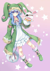 Rule 34 | 10s, 1girl, animal ears, animal hood, blue eyes, blue hair, boots, rabbit ears, date a live, eyepatch, green footwear, hand puppet, highres, hood, long hair, matching hair/eyes, puppet, smile, solo, sonikey0 0, yoshino (date a live), yoshinon