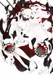 Rule 34 | 10s, 1girl, abyssal ship, black footwear, black nails, breasts, cleavage, covered mouth, dress, highres, horns, kantai collection, large breasts, long hair, looking at viewer, midway princess, nail polish, orange eyes, pale skin, shoes, single horn, tugmix, veins, very long hair, white dress, white hair