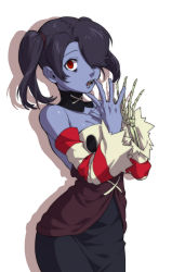 Rule 34 | 1girl, bare shoulders, blue skin, blush, colored skin, detached collar, detached sleeves, ganno, hair over one eye, red eyes, skullgirls, squigly (skullgirls), stitched mouth, stitches, striped, striped sleeves, twintails, zombie