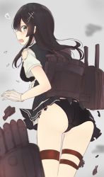 Rule 34 | 10s, 1girl, ass, black hair, black panties, black vest, blush, cowboy shot, from behind, gloves, hair ornament, hairclip, highres, kantai collection, long hair, looking back, open mouth, oyashio (kancolle), panties, pleated skirt, profile, school uniform, short sleeves, skirt, solo, thigh gap, thigh strap, torn clothes, torn skirt, underwear, vest, white gloves, yuki (yukin0128)
