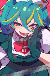 Rule 34 | 1girl, absurdres, apron, blonde hair, blush, bow, bowtie, earrings, fang, frilled apron, frills, gloves, green eyes, green gloves, green hair, hair between eyes, hatsune miku, health bar, heart stickers, highres, jewelry, leaning forward, long hair, looking at viewer, maid, maid apron, maid headdress, multicolored eyes, multicolored hair, nekoma hikaru, open mouth, pink background, red bow, red bowtie, shadow, simple background, skin fang, smile, solo, stud earrings, vocaloid, white headwear, yellow eyes