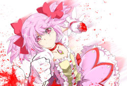 Rule 34 | 10s, 1girl, bad id, bad pixiv id, blood, blood on hands, blood splatter, bow, clenched hand, clenched hands, gloves, hair bow, kaname madoka, looking at viewer, magical girl, mahou shoujo madoka magica, mahou shoujo madoka magica (anime), pink eyes, pink hair, punching, s040784, short hair, short twintails, solo, twintails