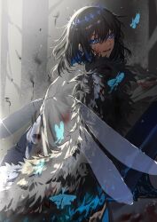Rule 34 | 1boy, arthropod limbs, black hair, blood, blood on clothes, blood on face, blue butterfly, blue eyes, bug, butterfly, cape, cloak, crown, dark, diamond hairband, dragonfly wings, fate/grand order, fate (series), fur-trimmed cape, fur-trimmed cloak, fur trim, glowing butterfly, highres, insect, looking at viewer, looking back, male focus, medium hair, miroku (butuzo33), oberon (third ascension) (fate), solo, tree, wing cape
