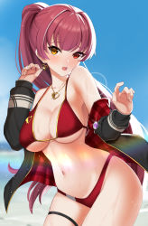 Rule 34 | 1girl, bikini, black jacket, blue sky, blush, breasts, day, earrings, heart, heart earrings, heart necklace, heterochromia, high ponytail, highres, hololive, houshou marine, houshou marine (summer), jacket, jewelry, large breasts, long hair, long sleeves, looking at viewer, nassss, navel, necklace, off shoulder, open clothes, open jacket, open mouth, outdoors, ponytail, red bikini, red eyes, red hair, skindentation, sky, solo, standing, swimsuit, thigh strap, virtual youtuber, yellow eyes