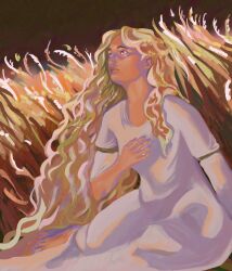 Rule 34 | 1boy, bioodrose, blonde hair, braid, child, closed mouth, dress, elden ring, highres, long hair, looking to the side, looking up, lying, miquella (elden ring), sitting, solo, staring, wheat, wheat field, white tunic