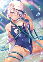 Rule 34 | 1girl, bare shoulders, blue eyes, blue one-piece swimsuit, blush, breasts, bucket, closed mouth, collarbone, competition swimsuit, covered navel, groin, hair between eyes, hair ornament, hairclip, hat, highleg, highleg swimsuit, highres, holding, holding hose, hose, kaniya shiku, light particles, looking at viewer, medium breasts, medium hair, mole, mole under eye, nail polish, name tag, off shoulder, on floor, one-piece swimsuit, original, purple hair, purple nails, sailor collar, school swimsuit, shirt, short sleeves, sitting, skindentation, solo, swimsuit, tan, twintails, water, water drop, wet, wet clothes, wet shirt, wet swimsuit, white hat