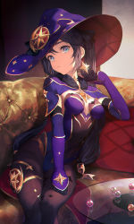 Rule 34 | 1girl, absurdres, black gloves, black hair, blue cape, blue eyes, blue hat, blue leotard, bodystocking, breasts, brown pantyhose, cape, choker, covered navel, detached sleeves, earrings, elbow gloves, fur collar, genshin impact, gloves, gold trim, hat, hat ornament, highleg, highleg leotard, highres, jewelry, leotard, long hair, looking at viewer, medium breasts, mona (genshin impact), pantyhose, shirataki jiro, sitting, solo, star (symbol), star earrings, thighlet, thighs, twintails, witch hat