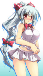 Rule 34 | 1girl, alternate costume, alternate hairstyle, bad id, bad pixiv id, bare shoulders, blue background, blue panties, blush, bow, breasts, casual, contemporary, d:, d:&lt;, female focus, fujiwara no mokou, gradient background, green panties, hair bow, highres, large breasts, long hair, looking at viewer, midriff, miniskirt, nose blush, open mouth, panties, pantyshot, pleated skirt, ponytail, red eyes, sen (astronomy), silver hair, skirt, solo, sportswear, standing, straight hair, tennis uniform, touhou, underwear, upskirt, v-shaped eyebrows, very long hair, white background
