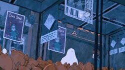 1other building crane_game egg english_text forget_jpeg ghost highres horns in_crane_game no_humans original poster_(object) sheet_ghost sign sticker stuffed_animal stuffed_bird stuffed_toy zzz