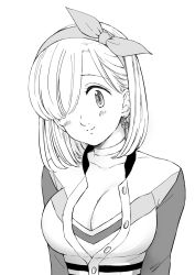 Rule 34 | 1girl, alternate hair length, alternate hairstyle, blush, bow, bow hairband, breasts, choker, cleavage, closed mouth, collarbone, elizabeth liones, greyscale, hair bow, hair over one eye, hairband, harumiya, head tilt, looking at viewer, medium breasts, medium hair, monochrome, nanatsu no taizai, simple background, sketch, smile, solo, upper body, white background