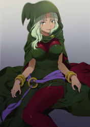 Rule 34 | 10s, 1girl, bad id, bad pixiv id, bracelet, breasts, cape, cloak, green eyes, green hair, hood, jewelry, large breasts, lips, looking at viewer, lots of jewelry, majorina, matching hair/eyes, mattaku mousuke, nail polish, pantyhose, precure, sash, simple background, sitting, smile, smile precure!, solo