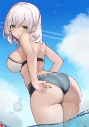 Rule 34 | 1girl, :o, absurdres, ass, bare legs, bikini, black bikini, blue sky, blush, breasts, cloud, commentary request, contrail, day, green eyes, grey hair, highres, hololive, large breasts, looking at viewer, looking back, medium hair, mismatched bikini, official alternate costume, outdoors, partially submerged, shirogane noel, sideboob, sky, solo, standing, swimsuit, thighs, virtual youtuber, water drop, wet, white bikini, zonzu