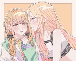 2girls black_bow blonde_hair blue_eyes blush border bow braid closed_mouth commentary fang fujita_kotone gakuen_idolmaster green_hoodie hair_bow highres hood hoodie idolmaster juo_sena kousaka_0v0 long_hair looking_at_another multicolored_hair multiple_girls open_mouth orange_hair outline pink_hair shirt simple_background skin_fang smile sports_bra streaked_hair sweatdrop twin_braids upper_body white_border white_outline white_sports_bra yellow_background yellow_eyes yellow_shirt yuri