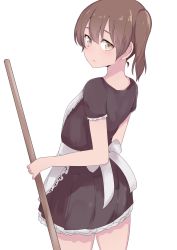 Rule 34 | 10s, alternate costume, apron, brown eyes, brown hair, enmaided, highres, holding, ichijou (kr neru0), kaga (kancolle), kantai collection, long hair, looking at viewer, looking back, maid, maid apron, puffy short sleeves, puffy sleeves, short sleeves, side ponytail, simple background, solo, waist apron, white background