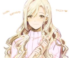 Rule 34 | 1boy, blonde hair, blush, fire emblem, fire emblem fates, flower, forrest (fire emblem), hair between eyes, hair flower, hair ornament, happy birthday, long hair, looking at viewer, male focus, nintendo, ribbed sweater, simple background, smile, solo, sophie (693432), sweater, third-party edit, trap, turtleneck, white background, yellow eyes